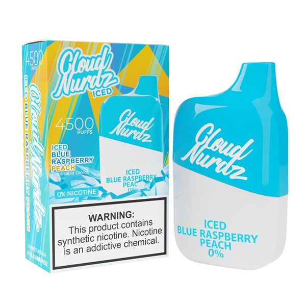 Cloud Nurdz 0% Disposable blue raspberry peach iced with packaging