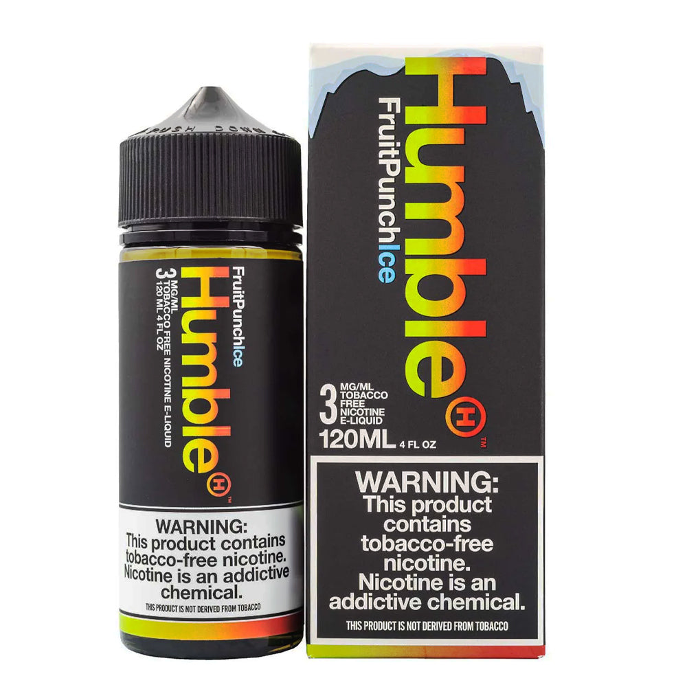 Humble Juice Co. Fruit Punch ICE 120ML e-liquid bottle on a tropical backdrop with fruits and ice cubes.