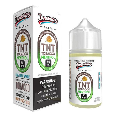 30mL bottle of Innevape E-Liquids TNT Tobacco Menthol SALTS, featuring a blend of smooth Virginia tobacco with a refreshing menthol finish, available in 24mg and 50mg nicotine strengths.