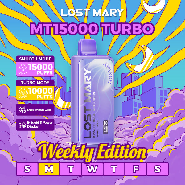 Discover the Lost Mary MT15000 Turbo Weekly Edition Disposable, featuring 15,000 puffs, 16mL e-liquid, 5% nicotine, dual mesh coils, and Turbo Mode for intensified flavor. Order now!