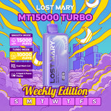 Discover the Lost Mary MT15000 Turbo Weekly Edition Disposable, featuring 15,000 puffs, 16mL e-liquid, 5% nicotine, dual mesh coils, and Turbo Mode for intensified flavor. Order now!