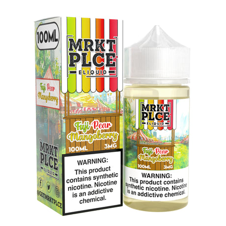 MRKT PLCE Fuji Pear Mangoberry e-liquid 100ml bottle with tropical Fuji apple, pear, mango, and berry flavors