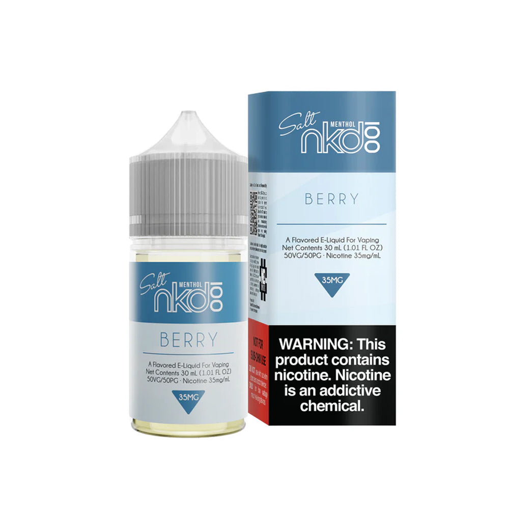 Berry by Naked 100 Salt E-Liquid 30ML bottle featuring blueberry, blackberry, and raspberry flavors with a menthol hint, 50/50 VG/PG ratio, available in 35MG and 50MG nicotine salts.