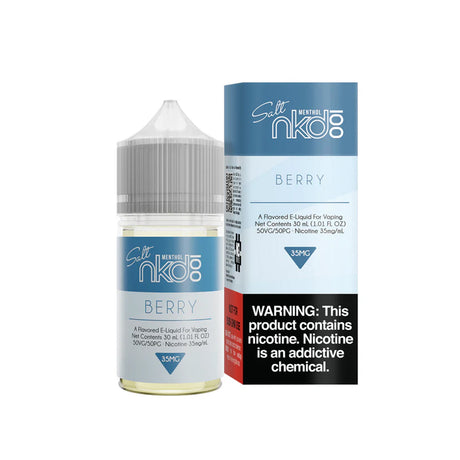 Berry by Naked 100 Salt E-Liquid 30ML bottle featuring blueberry, blackberry, and raspberry flavors with a menthol hint, 50/50 VG/PG ratio, available in 35MG and 50MG nicotine salts.