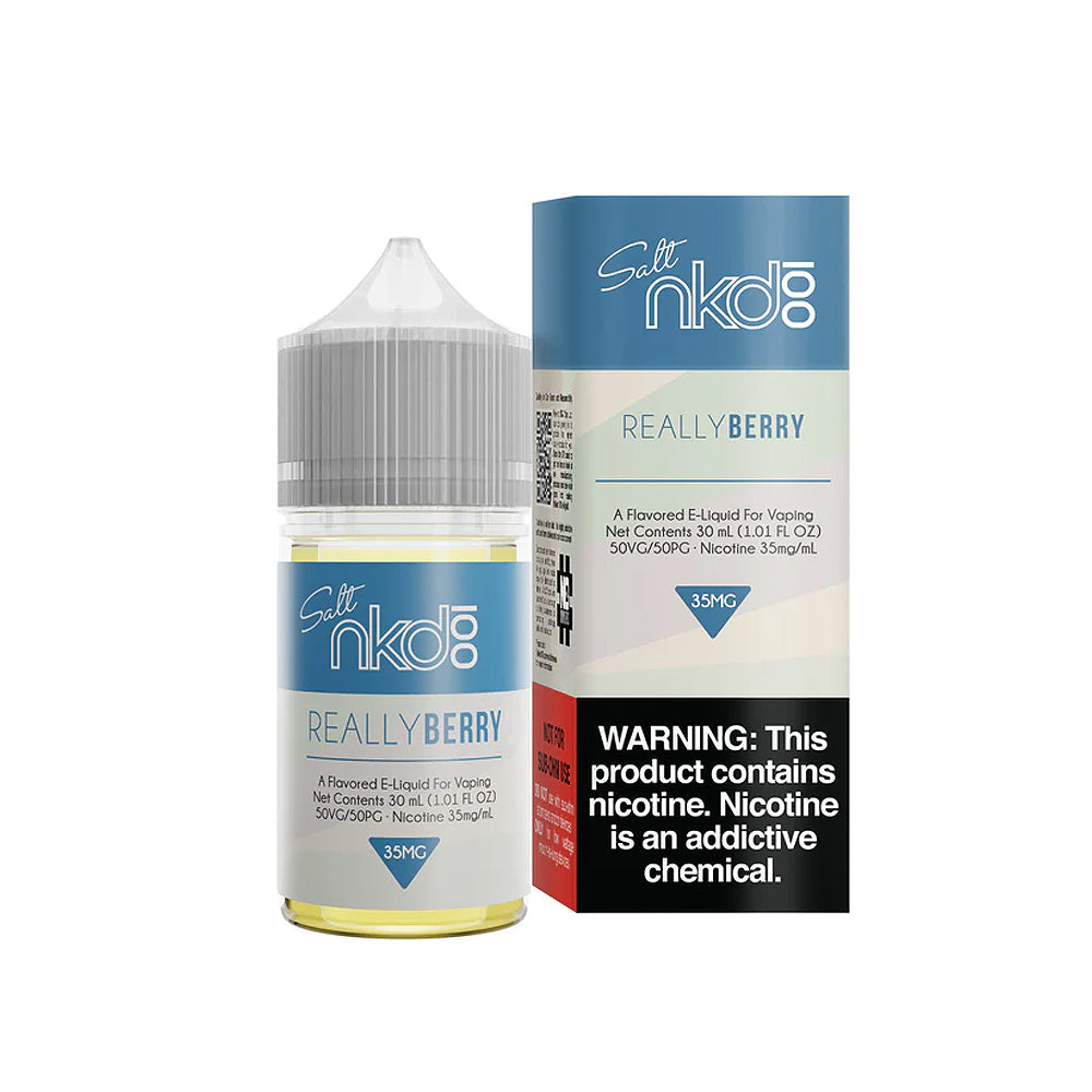 Really Berry by Naked 100 Salt E-Liquid 30ML bottle featuring blueberry, blackberry, and lemon flavors in a 50/50 VG/PG nicotine salt blend, available in 35MG and 50MG.