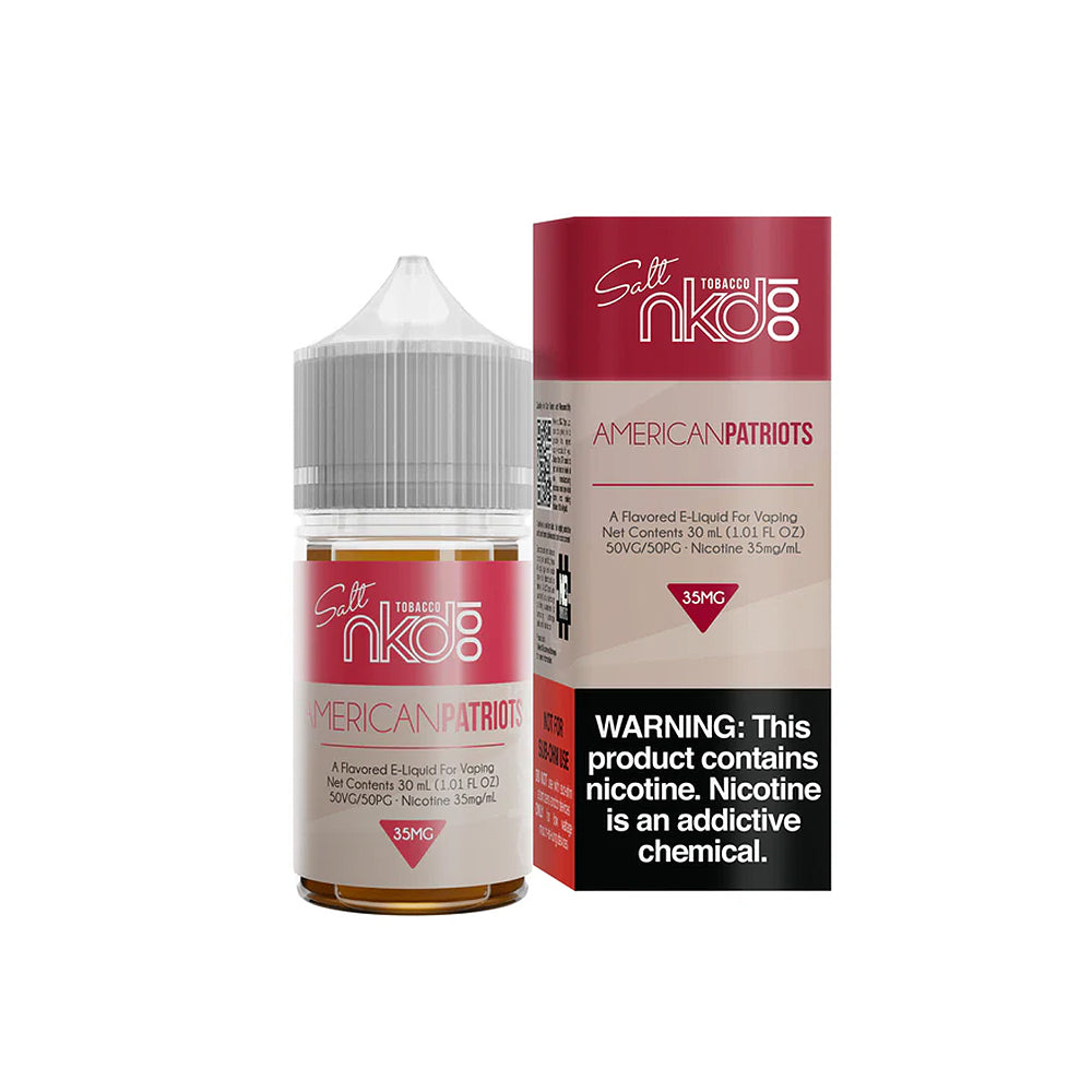 American Patriots by Naked 100 Salt E-Liquid 30ML bottle featuring a rich tobacco flavor in a 50/50 VG/PG nicotine salt blend, available in 35MG and 50MG strengths.