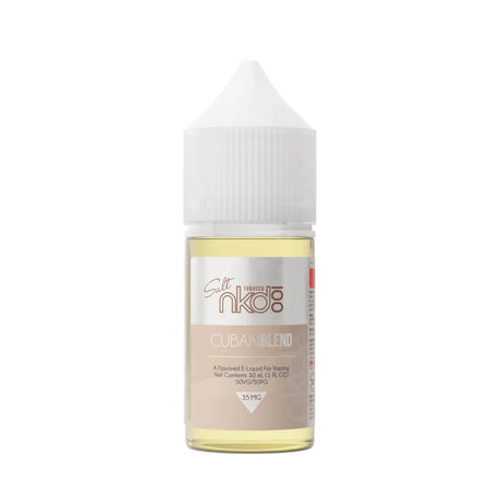 Cuban Blend by NKD 100 Salt E-Liquid 30ML bottle with Cuban cigar-inspired tobacco flavor, 50/50 VG/PG ratio, available in 35MG and 50MG nicotine salts.