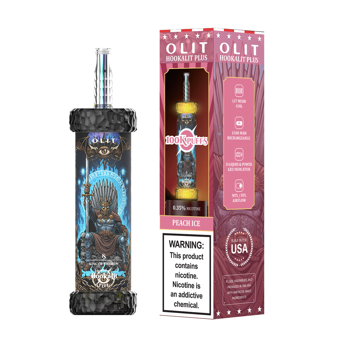 Assembled in USA | OLIT HookaLit PLUS 100K Disposable E-Hookah - 100,000 Puffs
