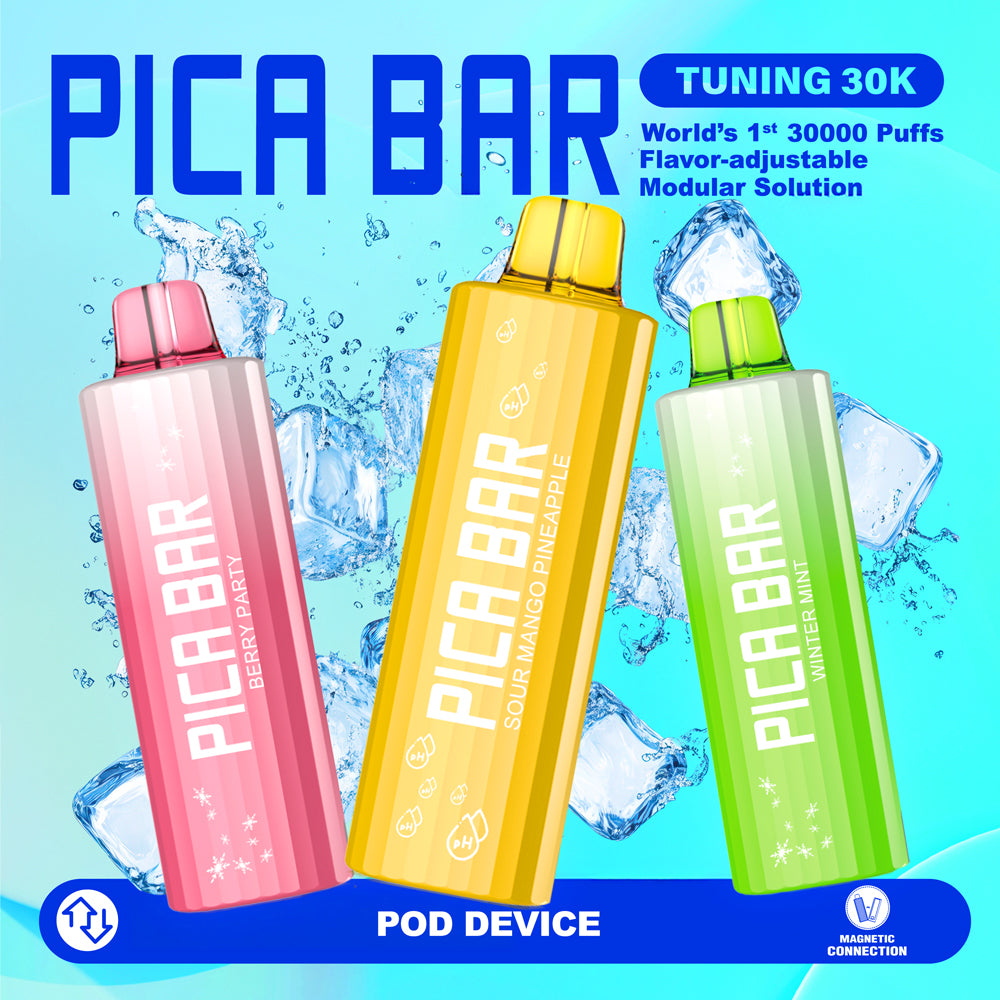 PICA BAR "TUNING" 30K Disposable Pod with 30,000 puffs, a 250mAh battery, adjustable power modes, and a magnetic connection.