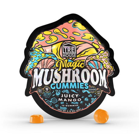 TRE House Magic Mushroom Gummies featuring 15 vegan-friendly chews with a proprietary mushroom blend and all-natural ingredients.