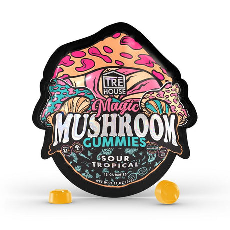 TRE House Magic Mushroom Gummies featuring 15 vegan-friendly chews with a proprietary mushroom blend and all-natural ingredients.