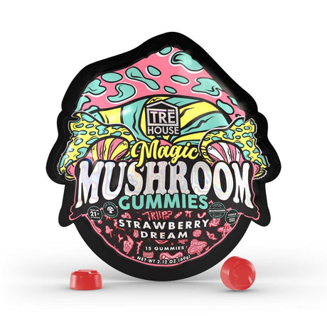 TRE House Magic Mushroom Gummies featuring 15 vegan-friendly chews with a proprietary mushroom blend and all-natural ingredients.