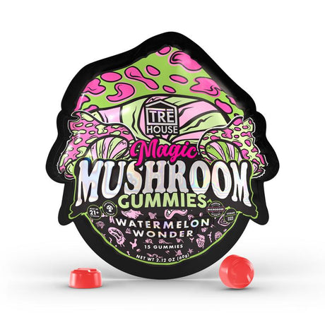 TRE House Magic Mushroom Gummies featuring 15 vegan-friendly chews with a proprietary mushroom blend and all-natural ingredients.