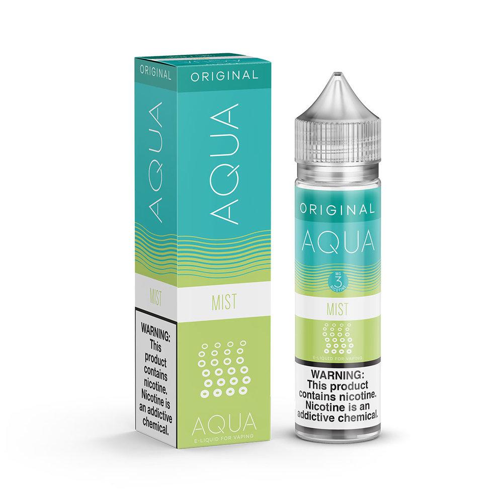 Aqua Mist E-Liquid featuring green apple, kiwi, and peach flavors in a 60mL bottle.